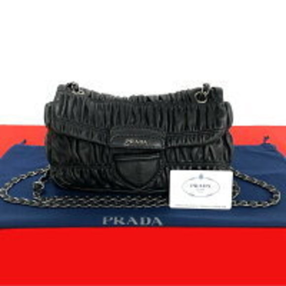 PRADA Gathered Leather Chain Semi Shoulder Bag Tote Black - Picture 1 of 8